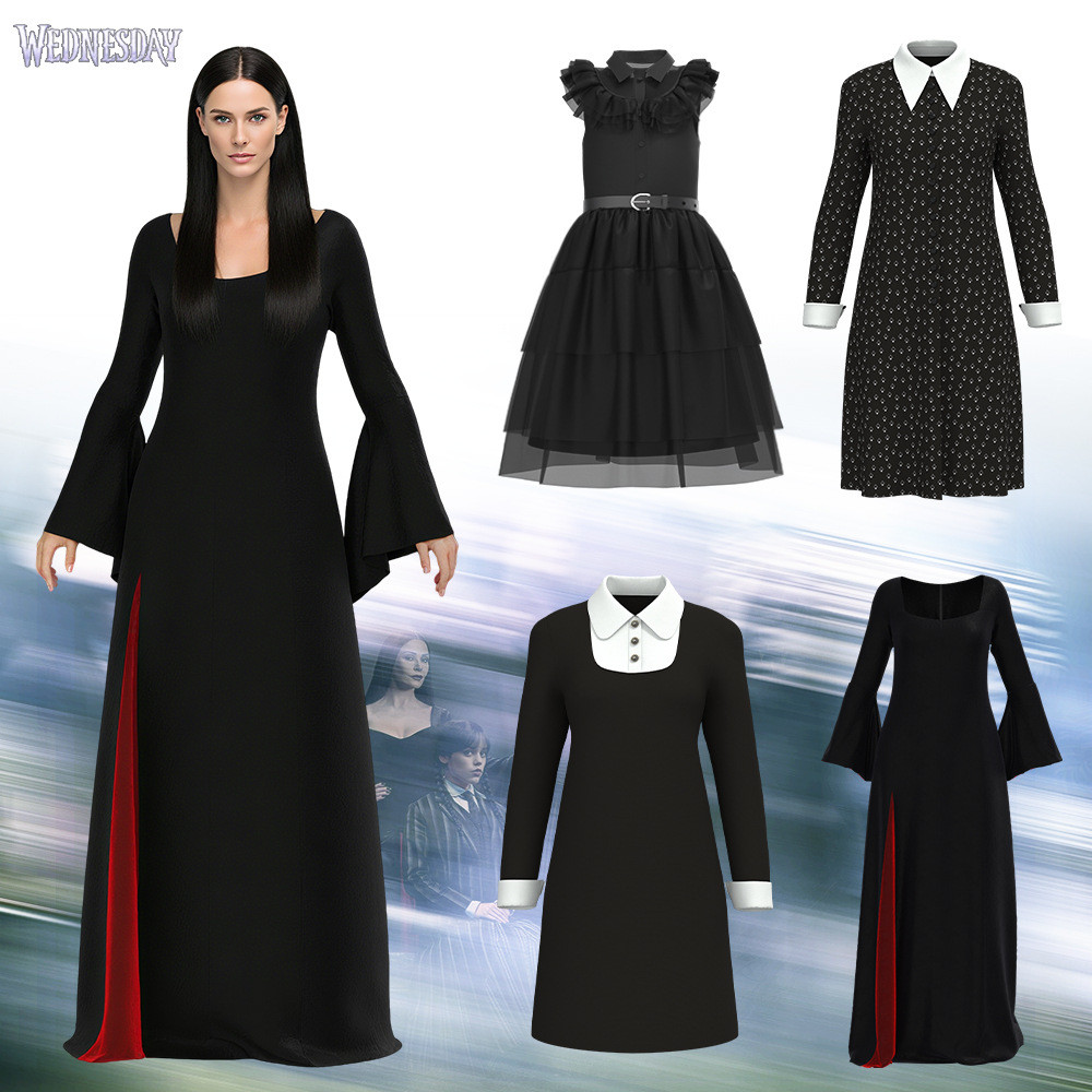 ชุดคอสตูมวันฮาโลวีนสำหรับเด็ก ธีมครอบครัวแอดดัมส์ - Wednesday และ Morticia Addams