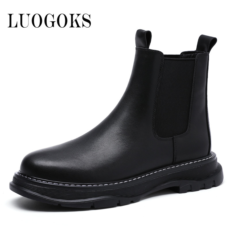 บู๊ตผู้ชายสไตล์อังกฤษ High-top Leather Chelsea Boots สำหรับฤดูหนาว มาพร้อมขนแกะภายใน