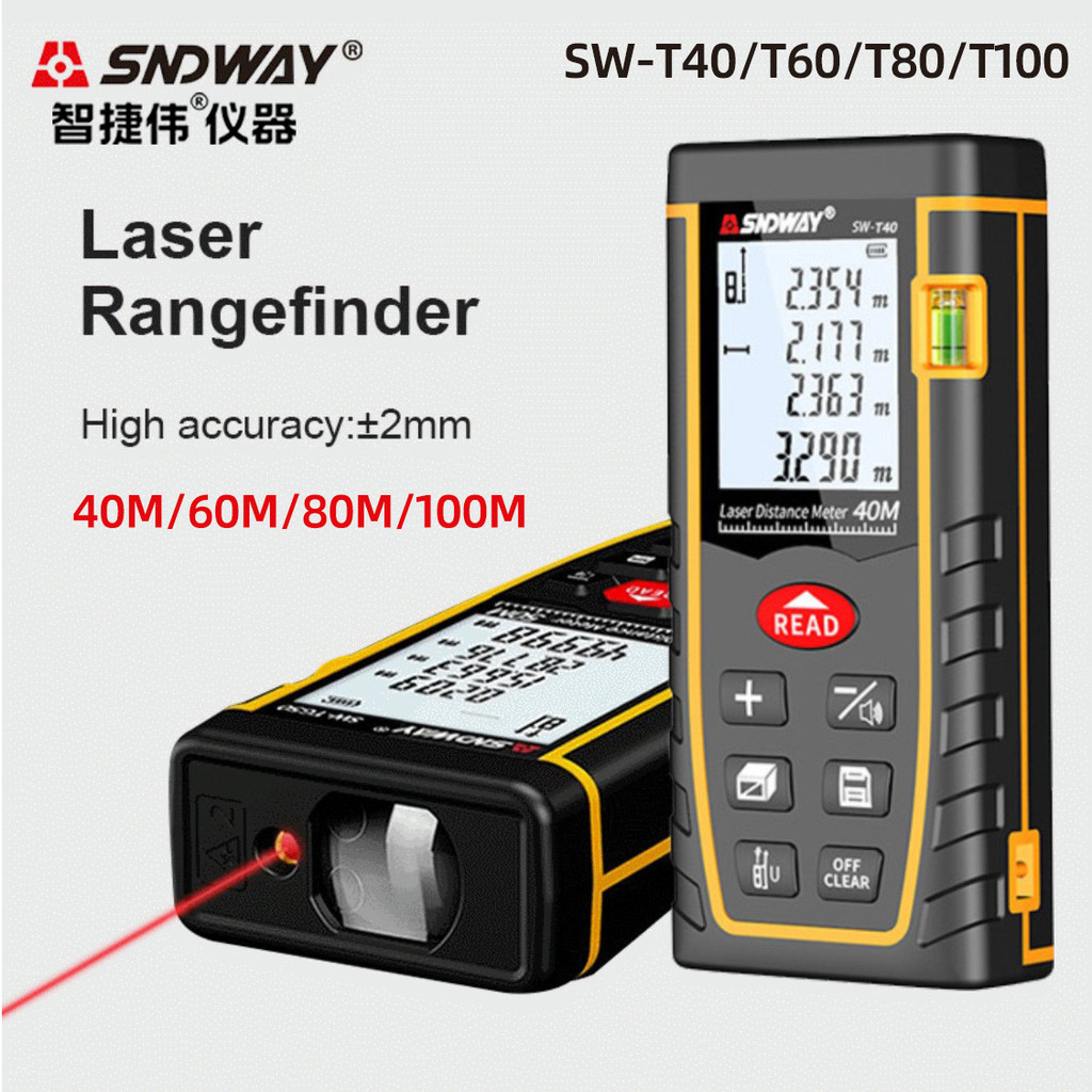 SNDWAY SNDWAY เลเซอร์เรนจ์ไฟ SW-T100/T40 อินฟราเรดเรนจ์ไฟเทปวัดไม้บรรทัดอิเล็กทรอนิกส์ภาษาอังกฤษ