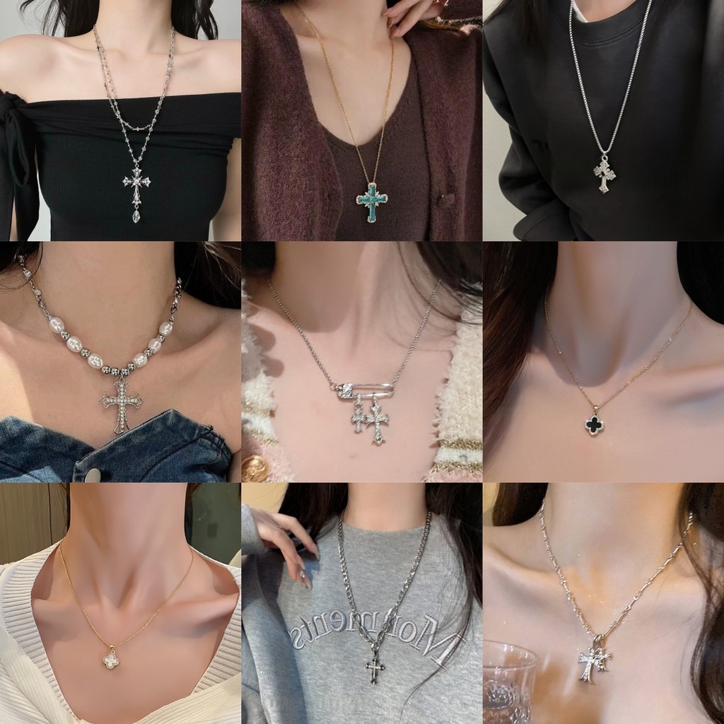 สร้อยคอ ครอสซีรีส์ การประดับเพชร y2k โลหะผสม ไม่ซีดจาง สไตล์เกาหลี หลากหลายสไตล์