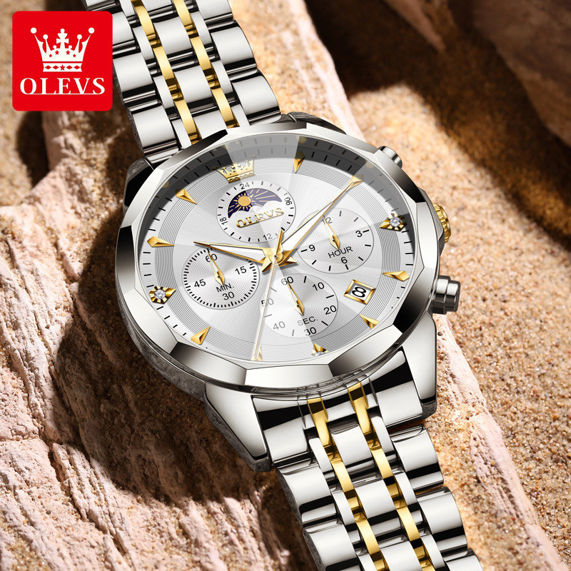 มะกอก ของแท้ 100% 3673 สายเหล็กกันน้ําธุรกิจแฟชั่นปฏิทินลําลองนาฬิกาผู้ชาย