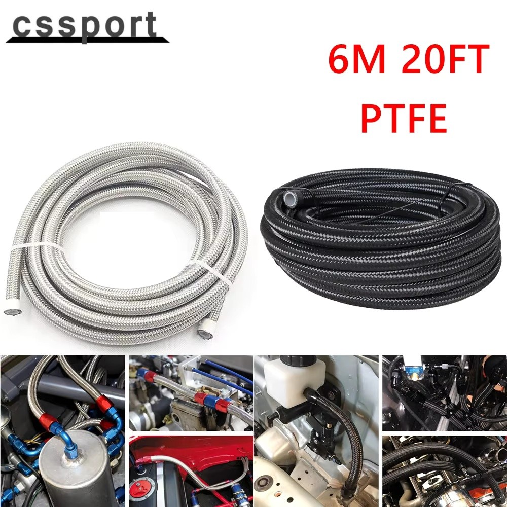 6M AN4 AN6 AN8 AN10 AN12 PTFE สายท่อน้ํามันเชื้อเพลิงสแตนเลสถักท่อ 20FT สีดํา/เงิน