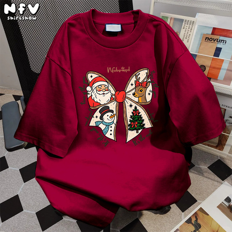 [จัดส่งจากกรุงเทพฯ] NFV เสื้อยืดแขนสั้นคอกลม🎀Christmas ลายพิมพ์โบว์แบบสไตล์คริสต