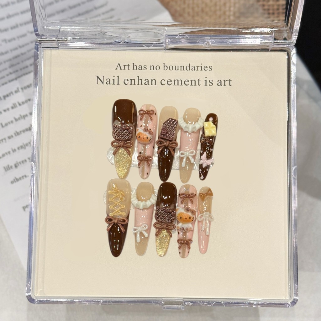 5in1 Toolkit + HADMADEPress On Nails ฤดูใบไม้ร่วงหวานบัลเล่ต์สีชมพูสีน้ําตาลสาว Cat Eye น่ารัก Phototherapy เล็บปลอมเล็บเทียมนํากลับมาใช้ใหม่ได้