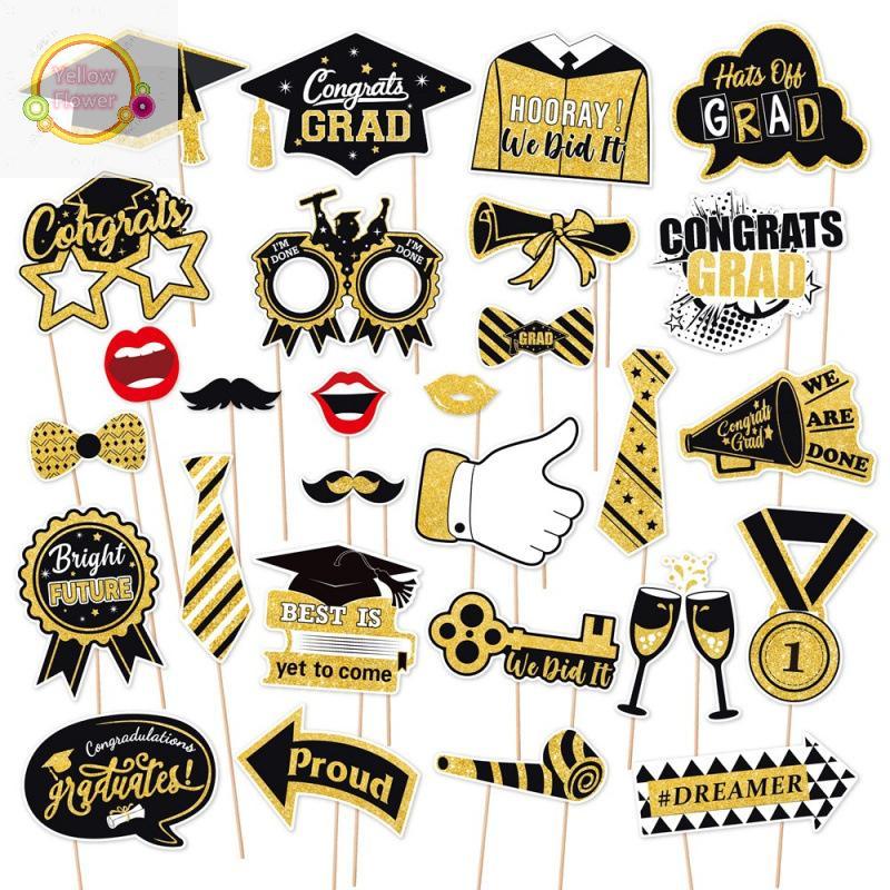 YellowFlower 28 ชิ้น Graduation Photo Booth Props ชุด, DIY ตกแต่งการถ่ายภาพสําเร็จการศึกษา Party Pos