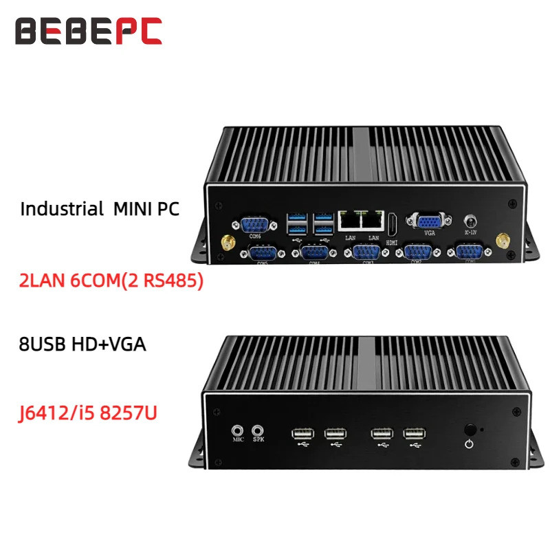 MINI PC 8USB Fanless อุตสาหกรรม j6412 i3 8145U i5 8257U DDR4 16G 2*GbE LAN 6*COM RS232 RS422 RS485 4