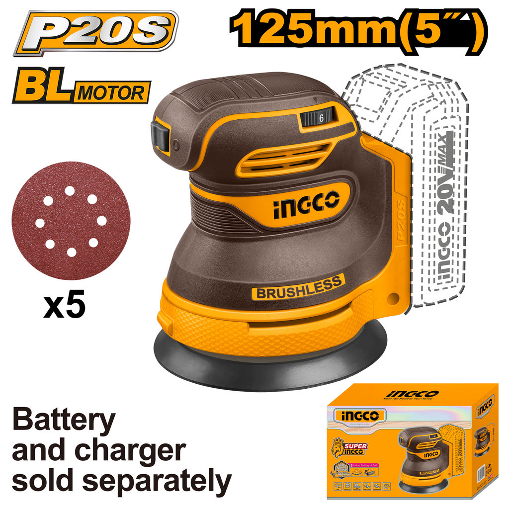 INGCO เครื่องขัดกระดาษทรายสั่นไร้สาย 20V รุ่น CROSLI20021 (เครื่องเปล่า) และชุดแบตเตอร์รี่และที่ชาร์จAKRS1250511