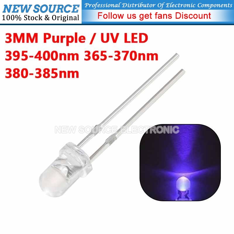[50-100 ชิ้น] F3 3 มม.สีม่วง/UV LED LED ไดโอด 395-400nm 365-370nm 380-385nm F3 มม.ไดโอดวัดแสง