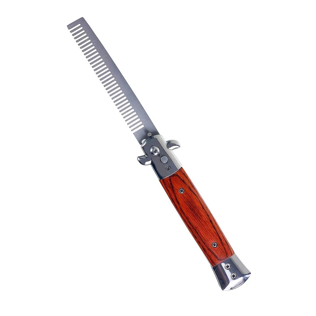 Switchblade หวีมีดพกพาแปรงผมปุ่มกดอัตโนมัติพับตัดผม (ลายไม้)