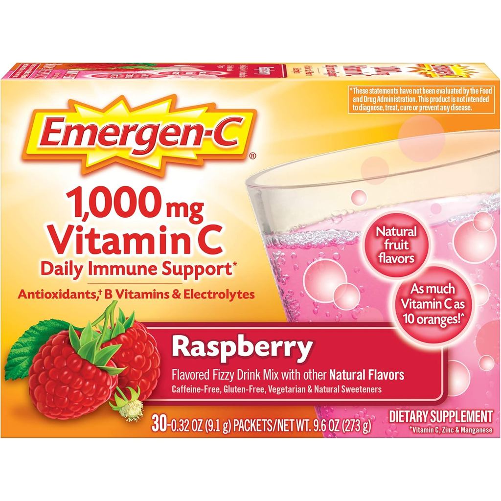 Emergen-C 1000mg Vitamin C Immune Support Powder Raspberry 30CT ประกอบด้วย Zinc,แมงกานีส, 7 B วิตามิ