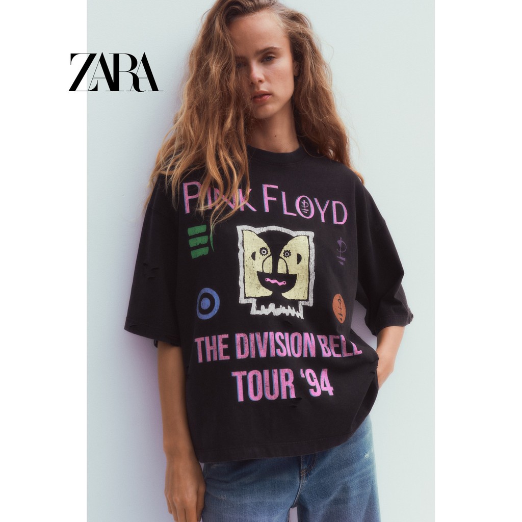 ZARA เสื้อยืดพิมพ์ลายสีชมพู ผ้าฝ้ายแท้สำหรับผู้หญิง