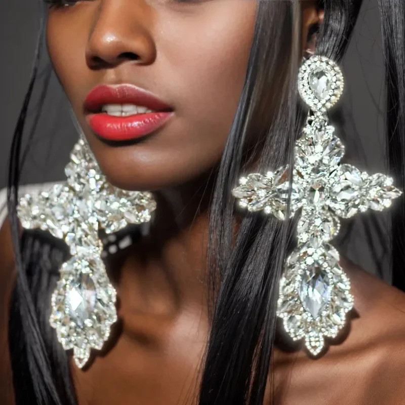 Exaggerated Big Cross Earrings Dangle Earings Crystal Jewelry for Women Vintage Long Earrings Large 