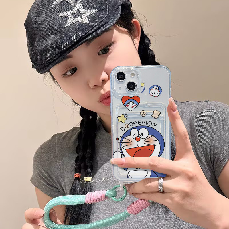 ส่งจากไทย เคสมือถือ13 น่ารักโดเร มอน เคสใสช่องใส่การ์ด สร้อยข้อมือ For iPhone17 16 11 12 13PROMAX 14 15PLUS XSXR 7/8/SE2