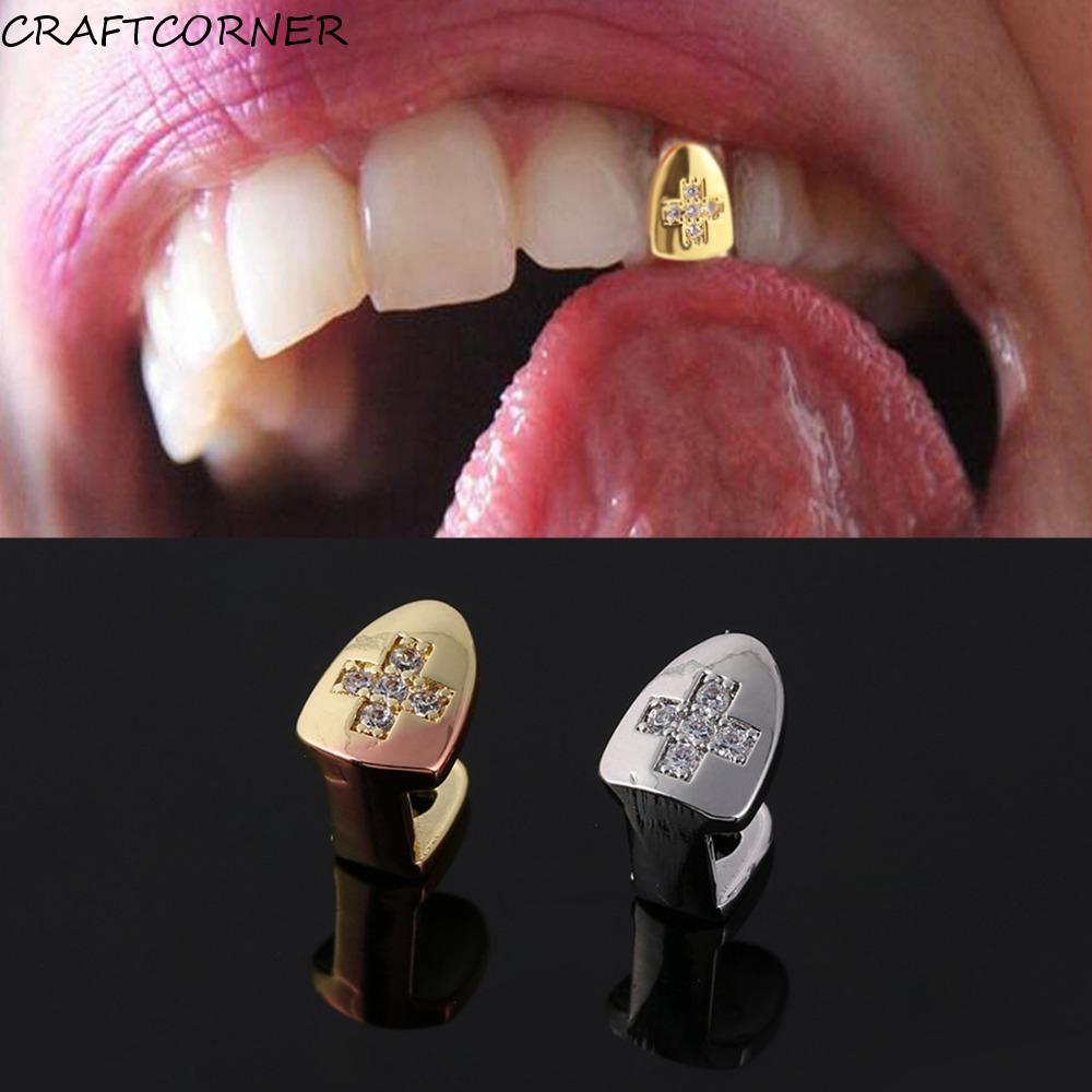 Craftcorner Hip Hop Grillz สังกะสีเคลือบเงิน เพชรสังเคราะห์ ทรงครุสซิเฟ็กซ์พังค์ สำหรับสวมทับฟัน