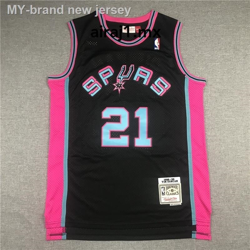 2026 ใหม่ NBA Mens San Antonio Spurs 21 Tim Duncan Retro ปักเสื้อบาสเก็ตบอลสีดําขอบสีแดง