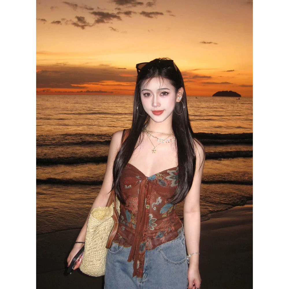 Nemo store🌸#FY1189 เสื้อสายเดี่ยว ลายดอกไม้ สไตล์โบฮี่เมี่ยน สีน้ำตาลธรรมชาติ - รูปที่ 4