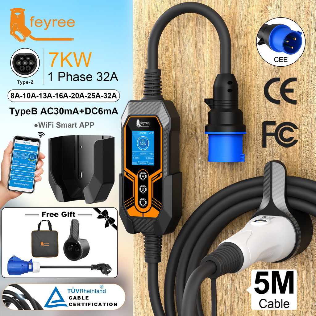 Feyree แบบพกพา EV Charger Type2 พร้อม Wall Mount 32A 7KW Wi-Fi APP ควบคุมสมาร์ทจับเวลาชาร์จ EVSE Wal