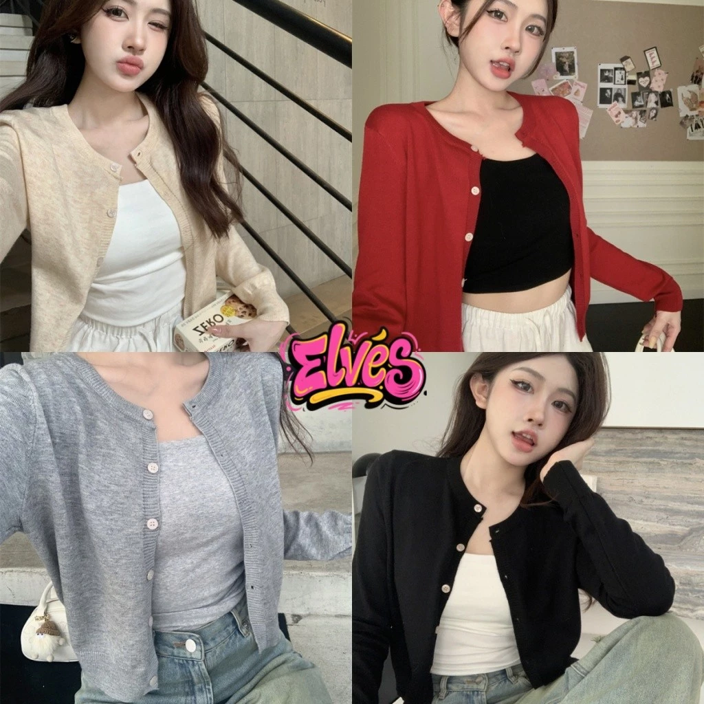 Elves พร้อมส่ง💟เสื้อคลุมไหมพรมแขนยาว คอกลม คาดิแกรนเกาหสีสีพื้น ใส่สบาย สไตล์ลำลอง สไตล์เกาหลี“D091”