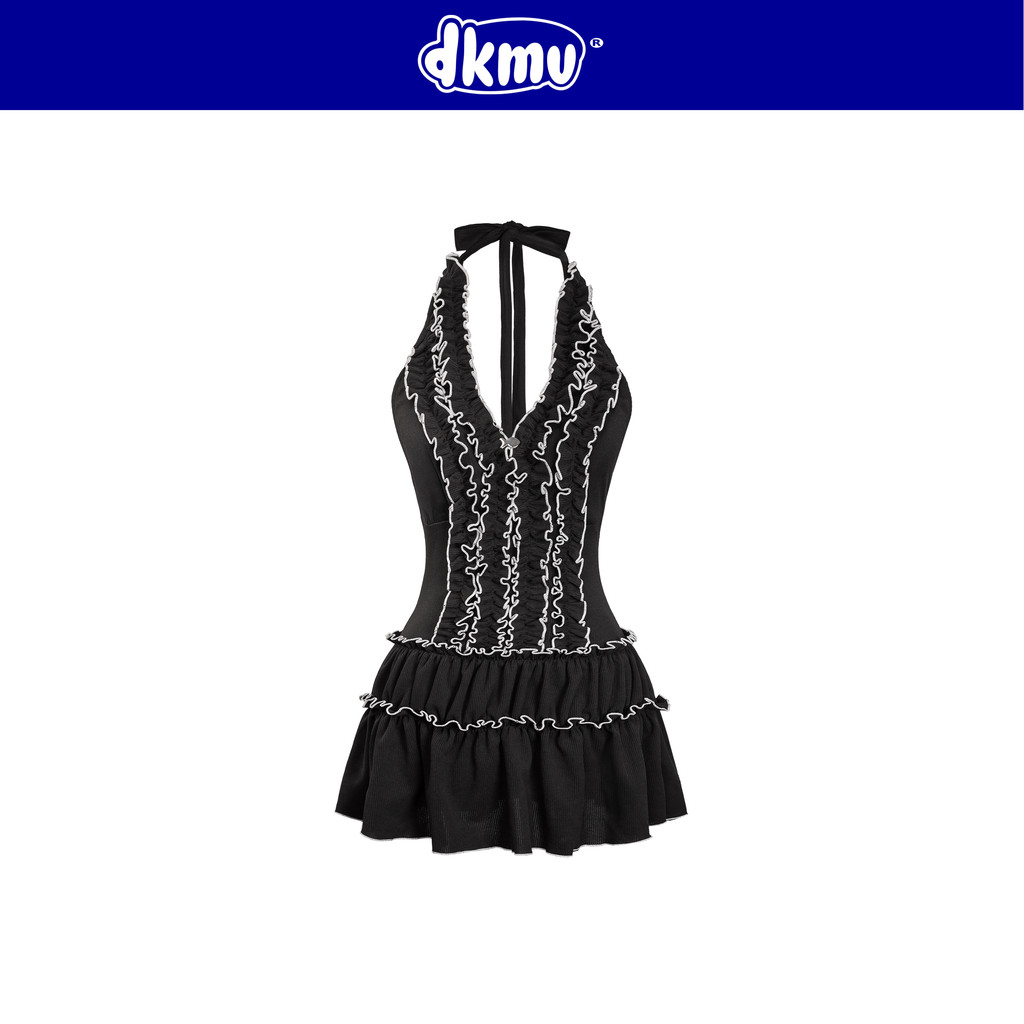 ดีเคเอ็มวี เดรสคล้องคอสั้นแต่งระบายสีขาวและบานเปลือยสวยสีดําพร้อมโลโก้สแตนเลส เดรสยองซี่ปลา| K-D20-D