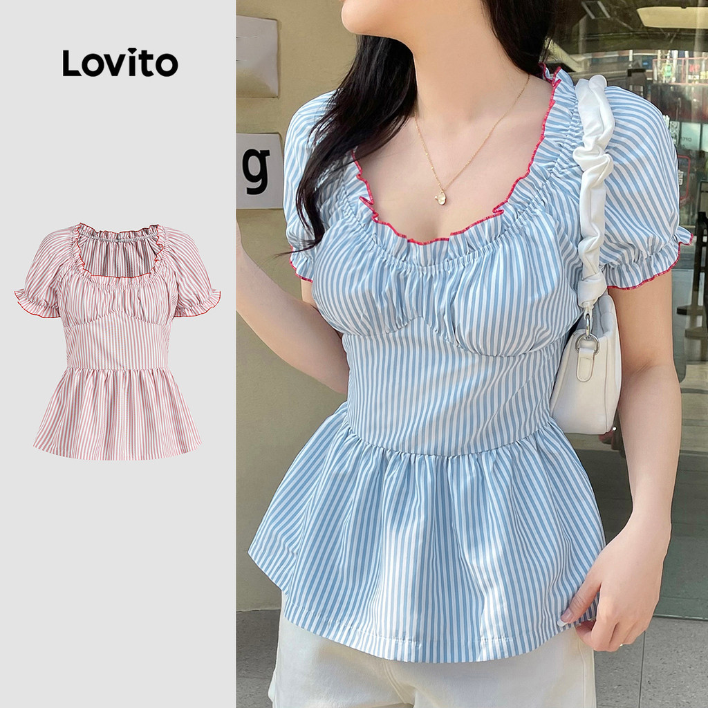 Lovito เสื้อน่ารักลายจีบคมชัดผูกพันสม็อคฤดูร้อน/ฤดูใบไม้ผลิเสื้อสําหรับผู้หญิง L125AD492