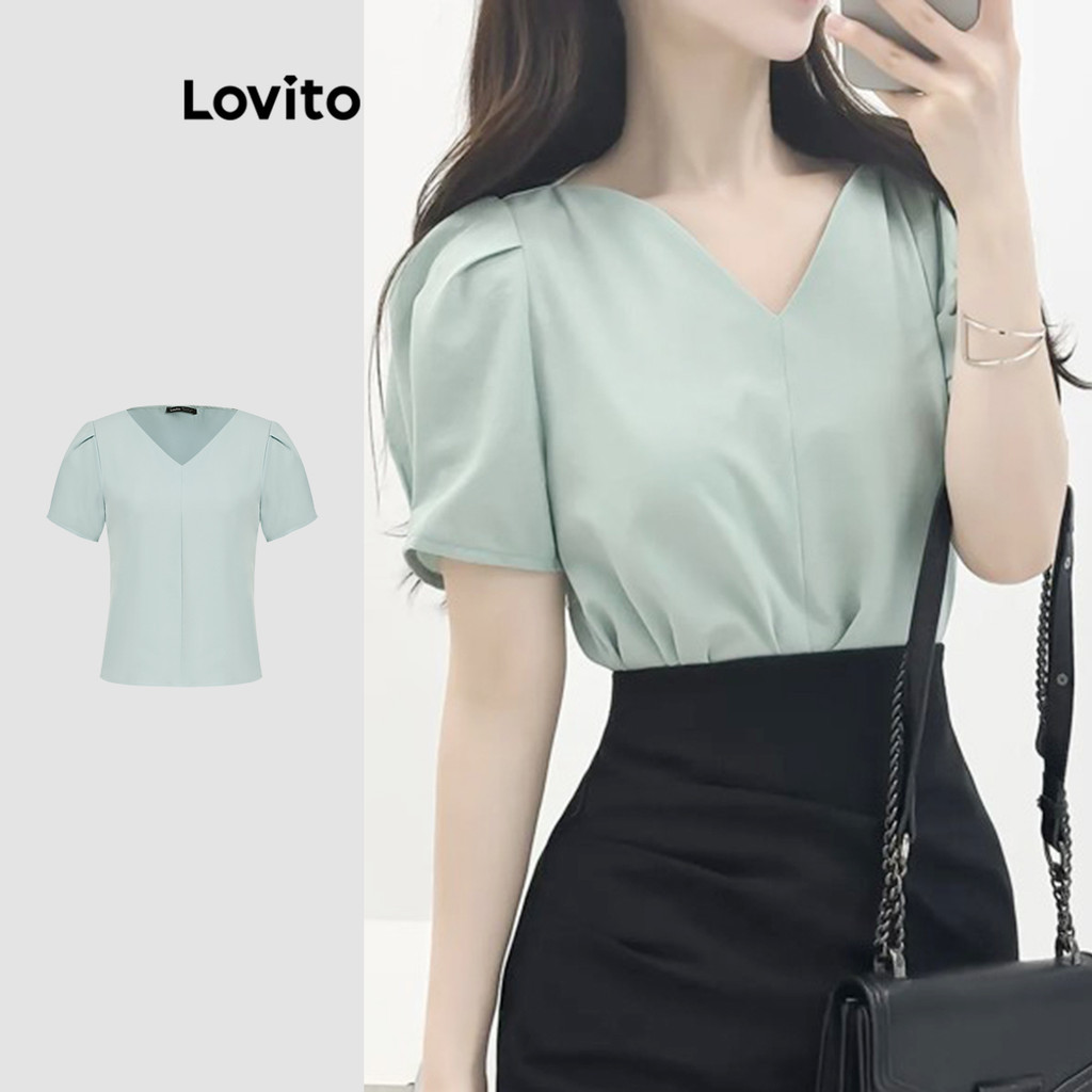 Lovito เสื้อเบลาส์หรูหราเสื้อเชิ้ต ยักไหล่ ธรรมดาสําหรับผู้หญิง L113MD593