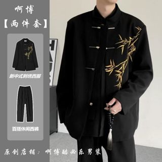 สูทจงซานสำหรับผู้ชาย ออกแบบตามสไตล์จีน มีลายไม้ไผ่สีทอง เหมา…
