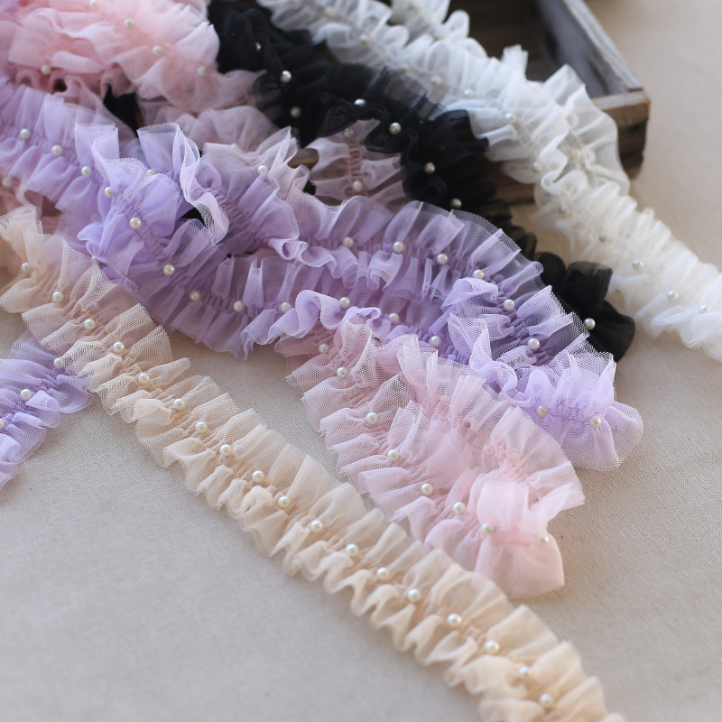 [100cm] 5CM width double mesh should aid fan lace pleated beads diy lace beads lolita hair belt decorative yarn accessories