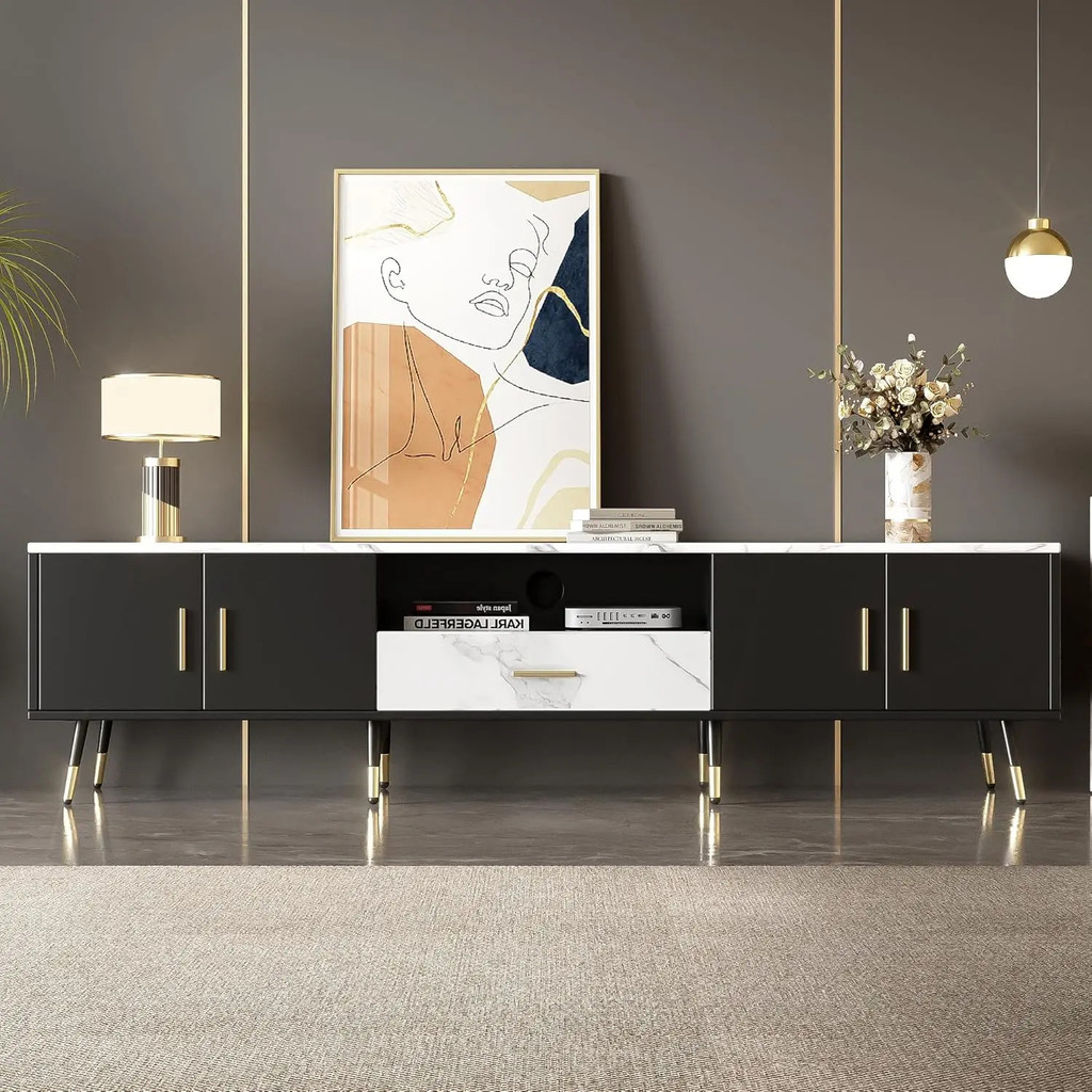 Merax Modern Tv Stand 80 นิ้ว Tv , 70 นิ้วสีดําและสีขาว Tv Stand ตู้เก็บของ , ลิ้นชัก , เปิดพื้นที่ 