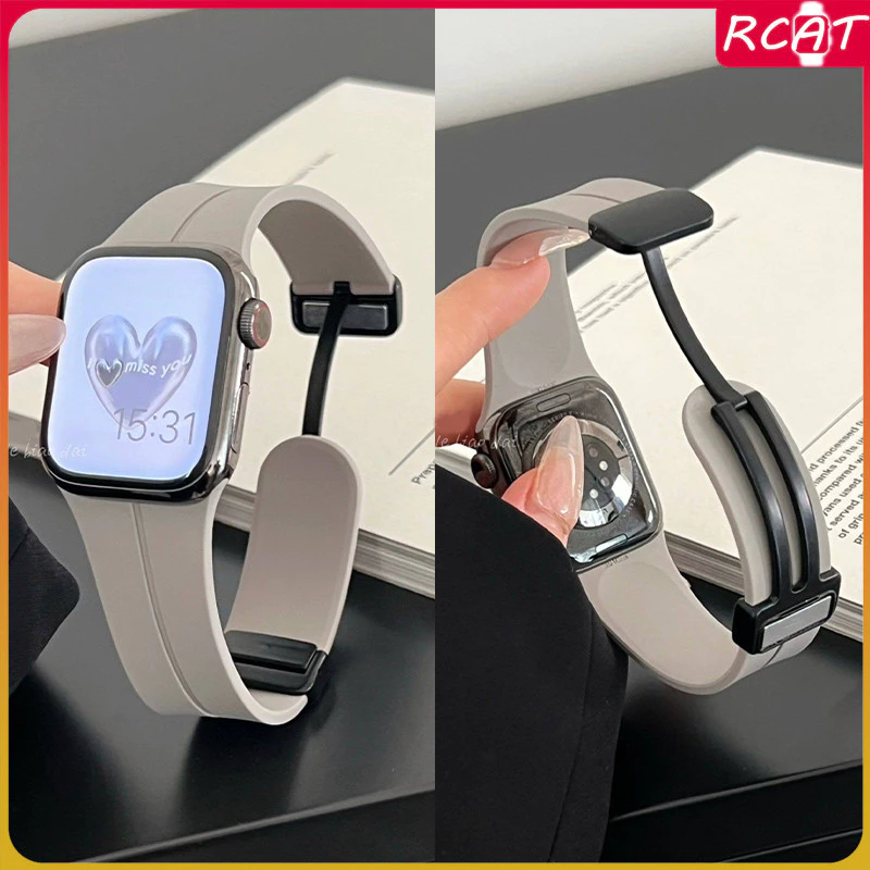  สายซิลิโคน for Apple Watch Ultra/SE 3 2 Series 11 10 9 8 7 6 IWatch 49 46 45 44 42 41 40 38 สายรัดยางแม่เหล็กกีฬาอ่อน
