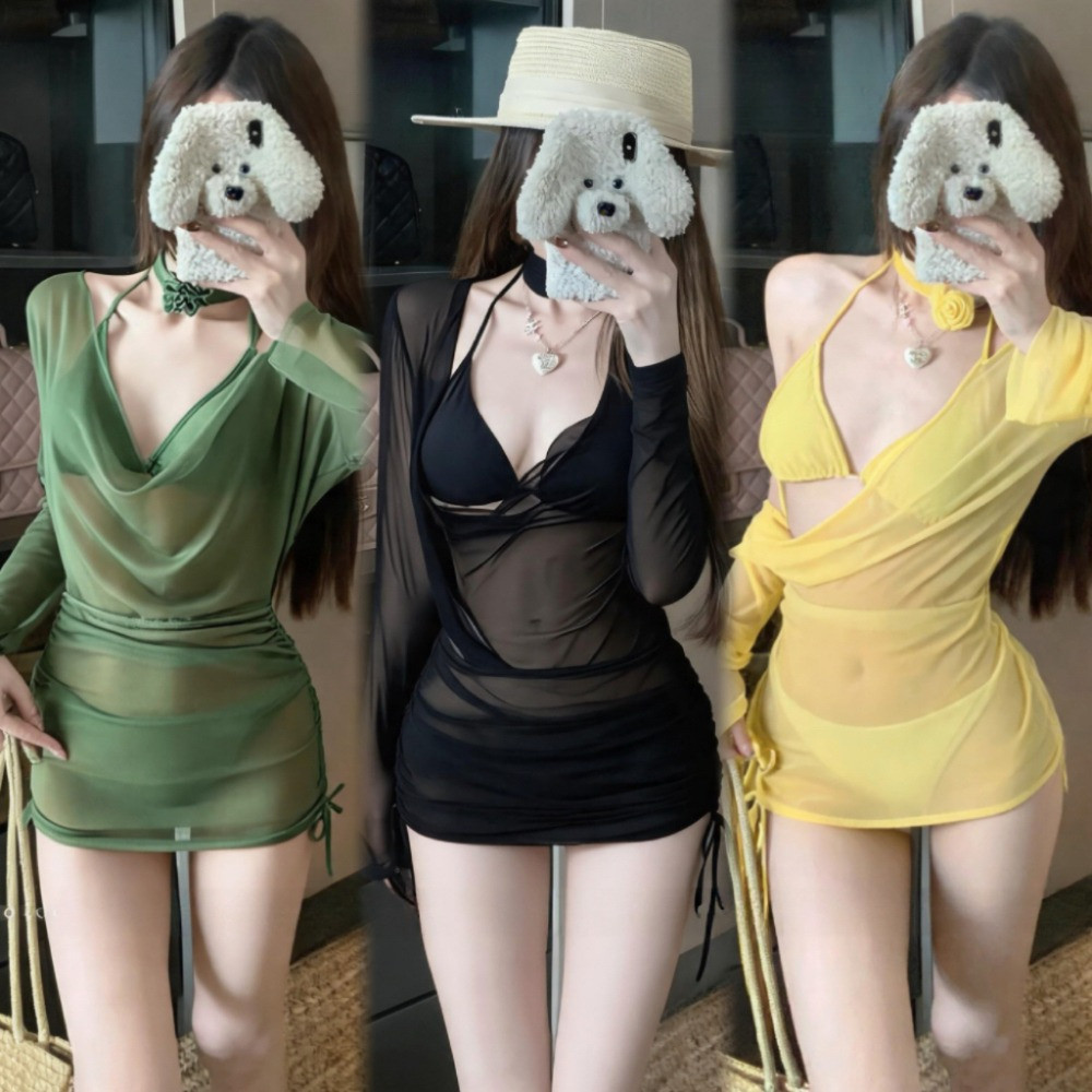 ชุดว่ายน้ำสตรีตวันสุดสัปดาห์ ชุดว่ายน้ำบิกินี่ Sexy bikini พร้อมเสื้อคลุมซีทรูตาข่าย แขนยาว สายรูดข้าง Beachwear