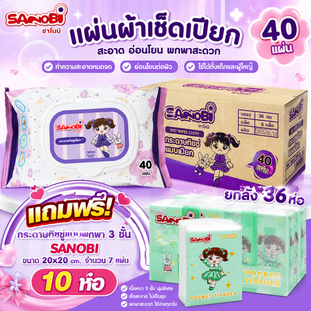 ยกลัง 6 แพ็ค มี 36ห่อ  ห่อละ 40แผ่น  กระดาษทิชชู่เปียก เช็ดหน้า  ไม่มีแอลกอฮอล์  แผ่นผ้าเปียกซาโนบิ
