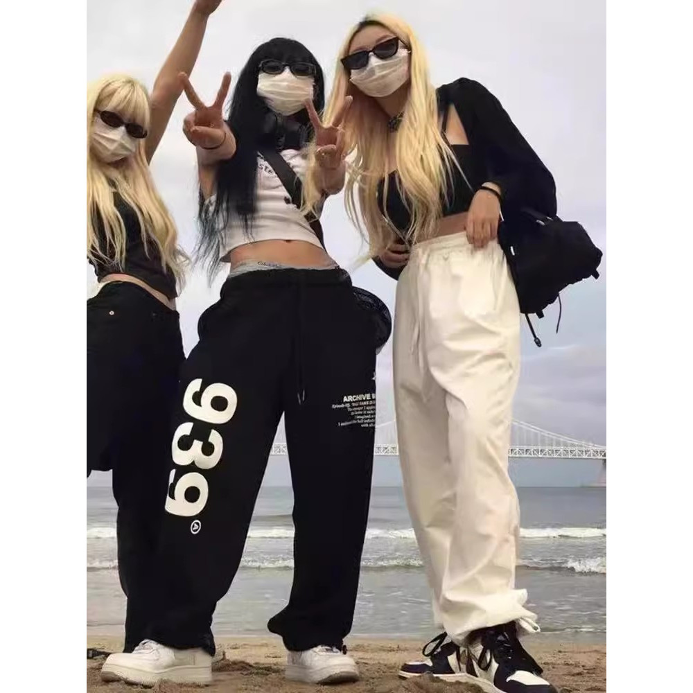 สีดํา Drawstring พิมพ์ 939 Sweatpants หญิง Jazz Street Dance หลวมกางเกงขากว้าง Casual Sweatpants ins
