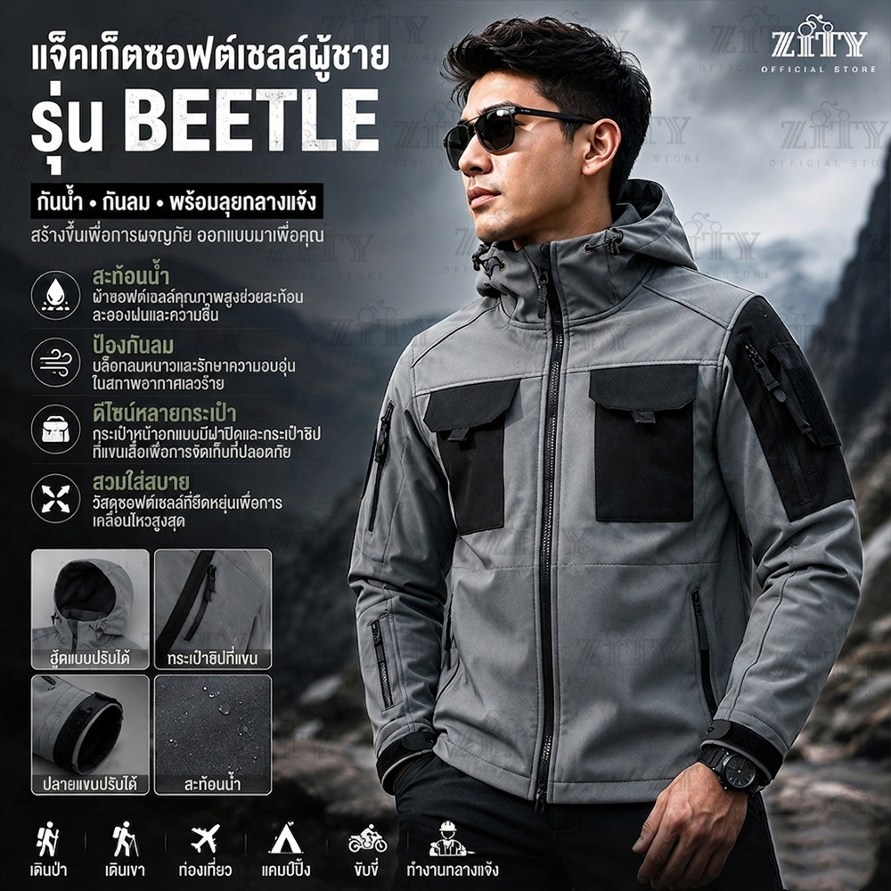 ZITYเสื้อฮู้ดผู้ชาย แจ็คเก็ตกันลม Softshell กันน้ำ ระบายอากาศดี กระเป๋าเยอะ เหมาะเดินป่า ขี่มอเตอร์ไซค์ ท่องเที่ยว
