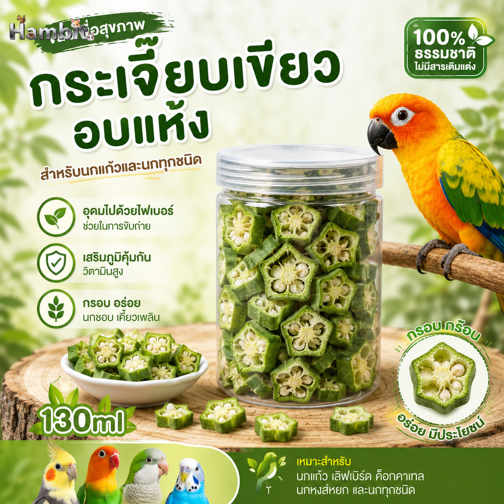 Hambit. กระเจี๊ยบเขียวอบแห้ง 130ml ขนมเพื่อสุขภาพนกแก้ว นกทุกชนิด กรอบ อร่อย ไฟเบอร์สูง 100% ธรรมชาติ