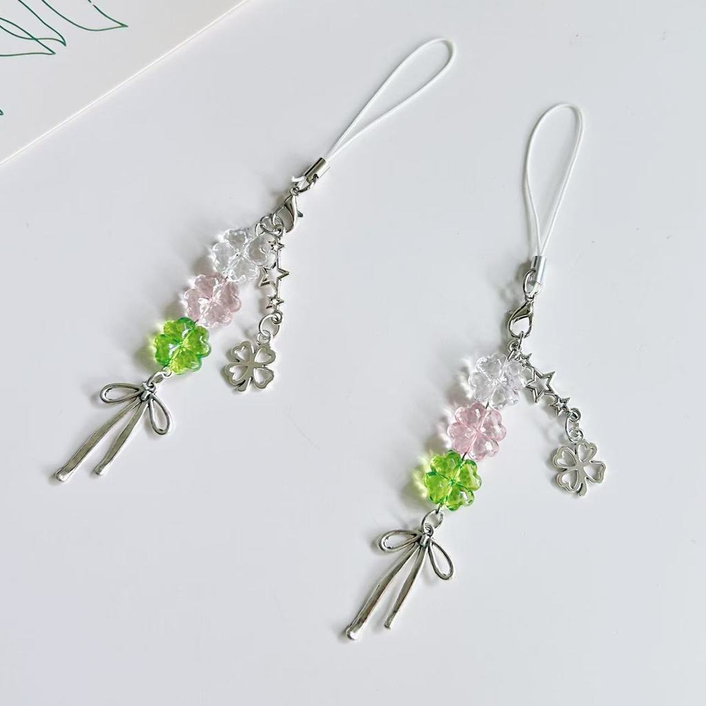 Bowknot Lucky Four-leaf Clover พวงกุญแจจี้ตกแต่ง