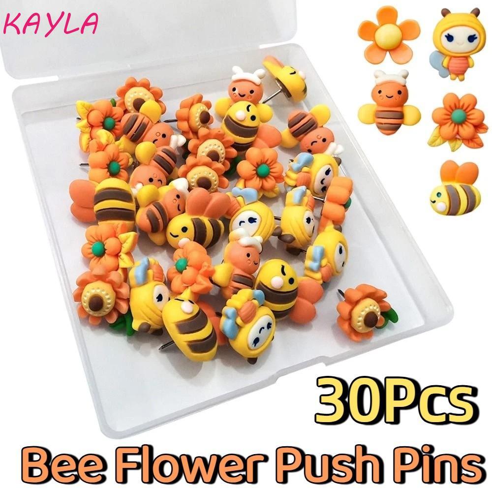 KAYLA 30 ชิ้น Bee ดอกไม้ Push Pins, 3D DIY Thumb Tacks, แบบพกพา Creative พร้อมกล่องมัลติฟังก์ชั่ Board Thumbtack Wall Markers