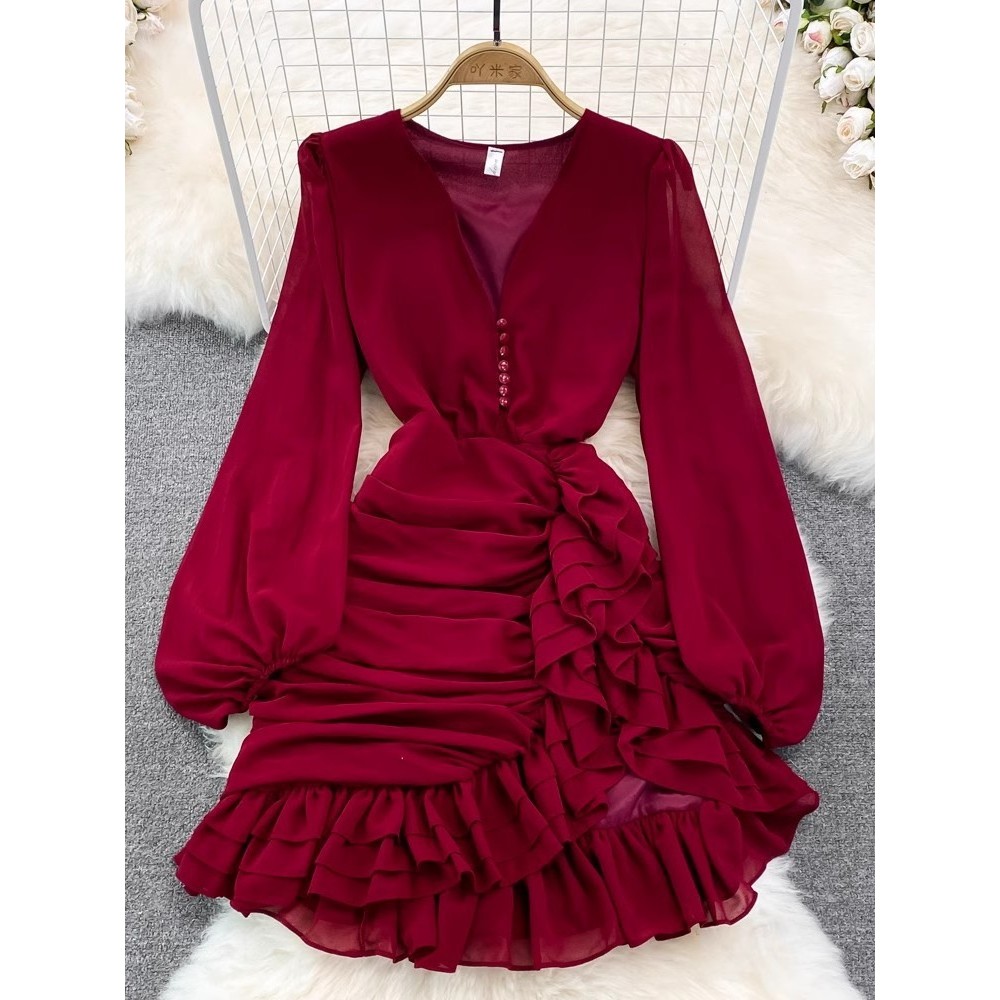 V คอ ruffle hem waist waist waist virt bag Skirt