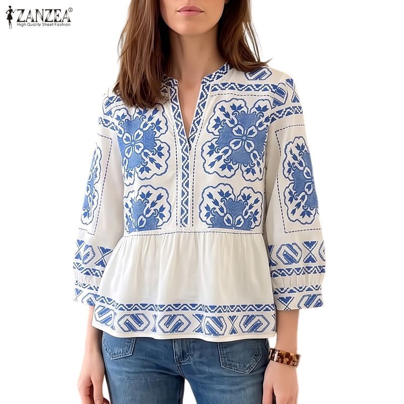 ZANZEA เสื้อผ้าผู้หญิงเกาหลีลําลองดอกไม้โบฮีเมียนวันหยุด 3/4 แขนยืนปกพิมพ์เสื้อ Ruffle Hem