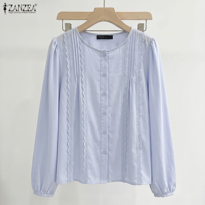 ZANZEA เสื้อลําลองแขนยาว O ผู้หญิงหลวมเกาหลี A-Line ลูกไม้ Splice — صورة 5