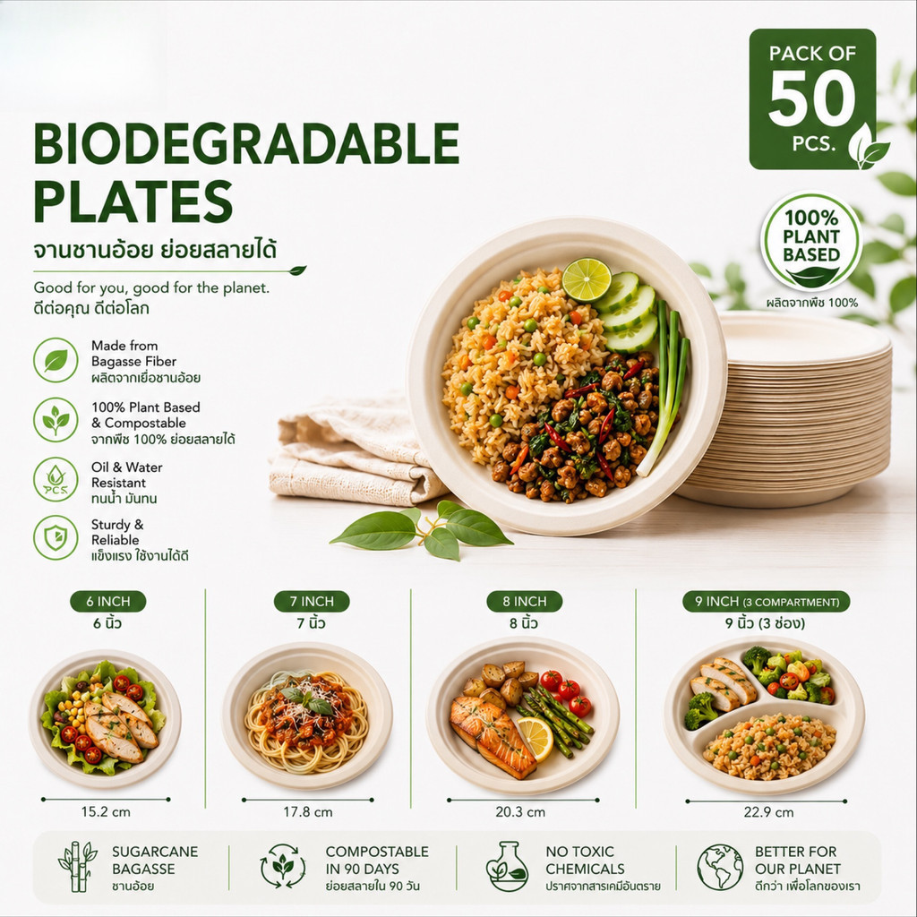 จานชานอ้อยย่อยสลายได้ Food Grade | Biodegradable Bagasse Plates จานรักษ์โลก จานใช้ แล้วทิ้ง จานอาหารปลอดภัย (50 ใบ/แพ็ค)