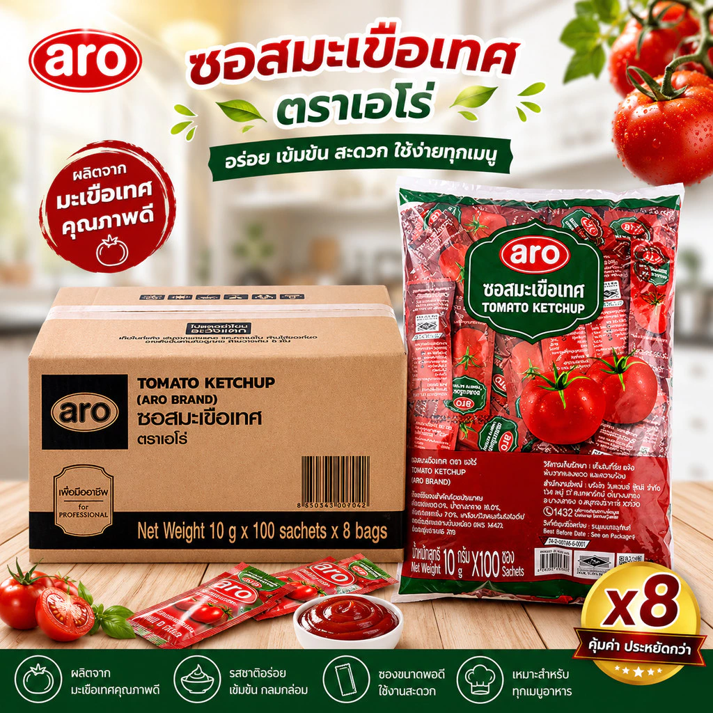 ARO ซอสมะเขือเทศ ซอง 10 กรัม x100 ซอง x8 ห่อ (800 ซอง/ลัง) ซอสมะเขือเทศเอโร่ ยกลัง พร้อมส่ง