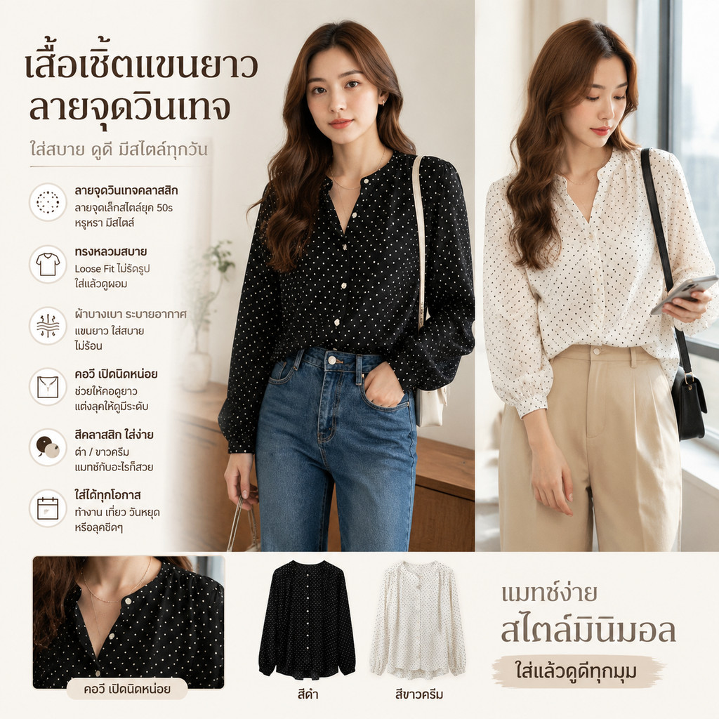 เสื้อเชิ้ตลายจุดสไตล์ฝรั่งเศส ทรงสโลบ ผ้า chiffon นุ่ม ดีไซน์มินิมอล ดูเป็นผู้ใหญ่