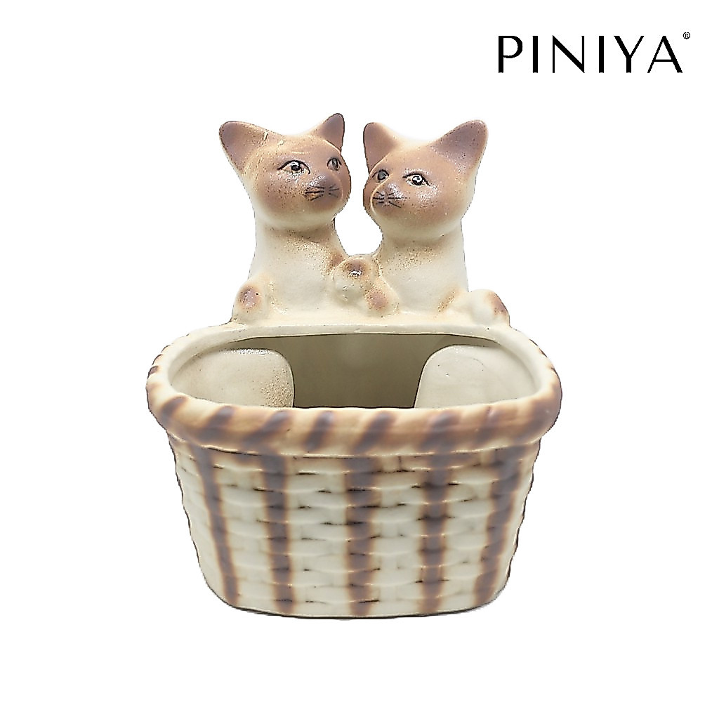 Piniya พินิยา - กระถางต้นไม้ แมว เซรามิก รุ่นแมวคู่เกาะตะกร้า ลายวิเชียรมาศ ไม่เคลือบ