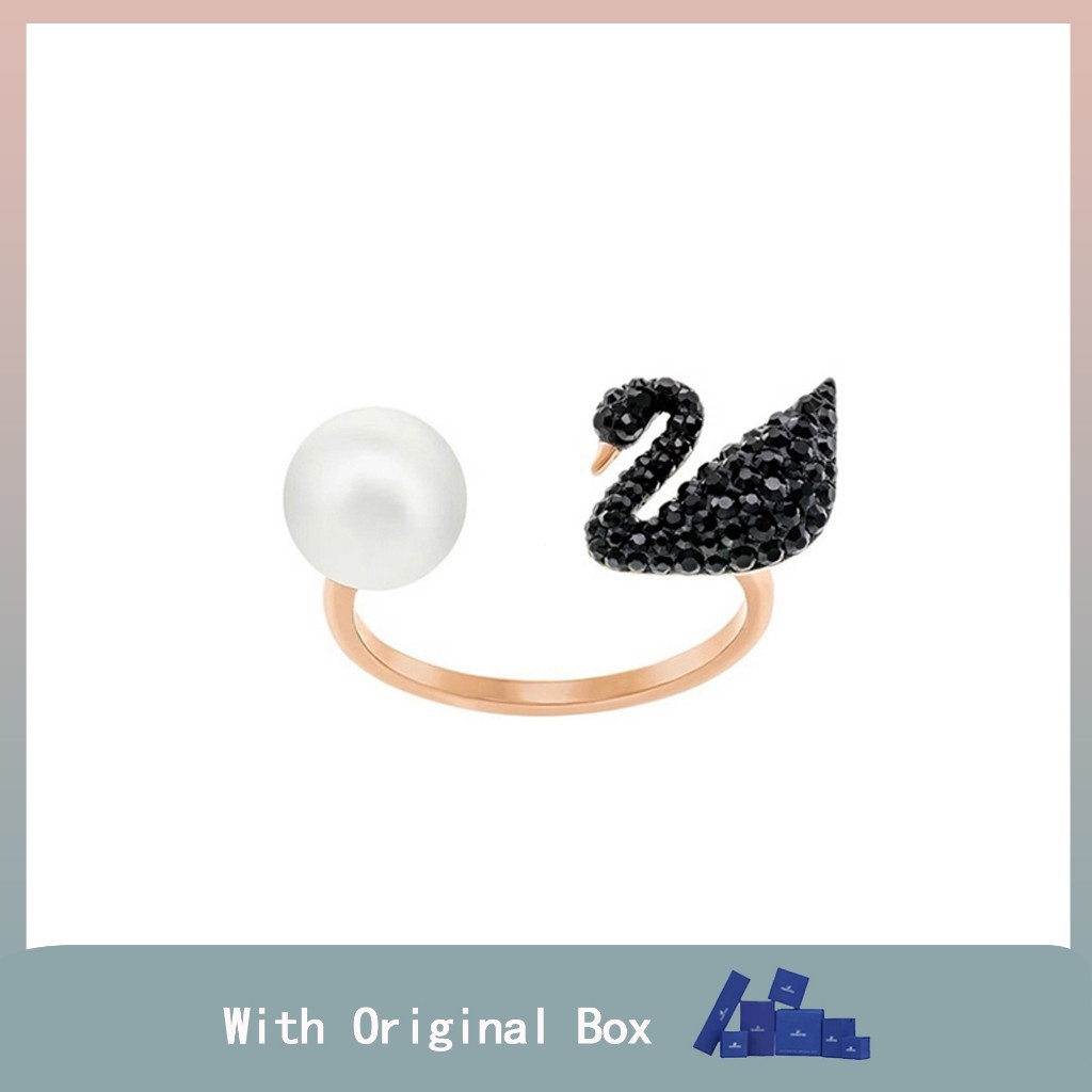 ICONIC SWAN Series Classic Open Ring Black SWAN Crystal Pearl Ring Jewelry