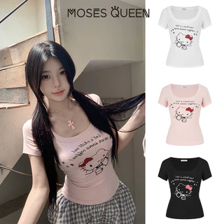 MOSESQUEEN เสื้อยืดแขนสั้นคอวีเผ็ด KT cat ทรงสวปท์สไตล์อเมริกัน ทรงเข้ารูป ทรงเข้ารูป ทรงเข้ารูป เอว-cinching top #63753