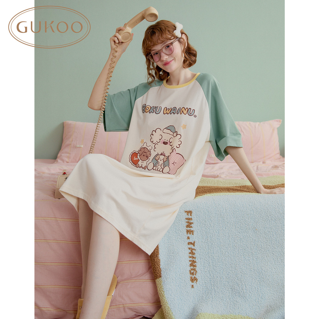 Gukoo/Nut Shell ชุดนอนแขนสั้นผู้หญิงฤดูร้อน miiichan Joint สีเขียวสบายๆการ์ตูนชุดนอน