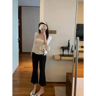❤ 🧵 🇰🇷 W10337 กางเกงขายาวผ้ายืดทรงขากว้างปลายบาน เอวยางยืดผูกเชือก ผ้ายืดนิ่ม แฟชั่นเกาหลี TAG WG.WE 🧡