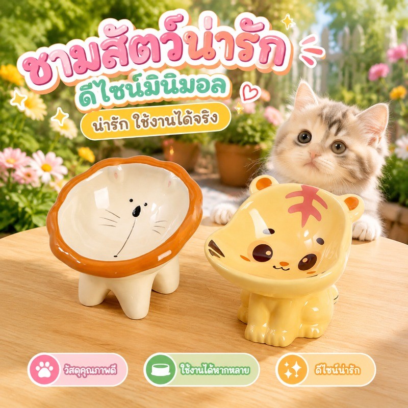 ชามแมว ชามเซรามิคสำหรับสัตว์เลี้ยง ปกป้องคอ การ์ตูนน่ารัก เพิ่มความสูง ชามสัตว์เลี้ยง
