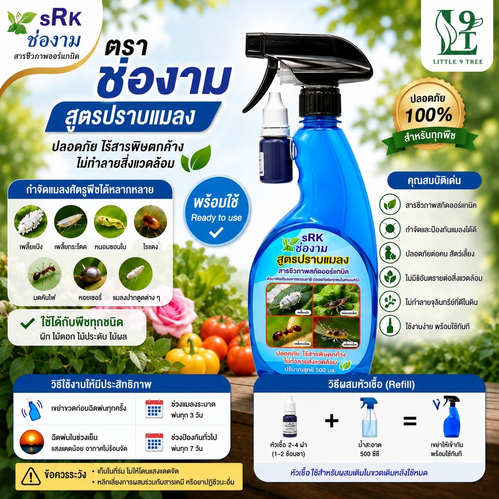 ช่องาม สเปรย์ สูตร กำจัดหนอน เพลี้ย ศัตรูพืช แมลงต่างๆ สารชีวภาพ ขวดสเปรย์ ขนาด 500 ซีซี สีฟ้า L9T LittleTree