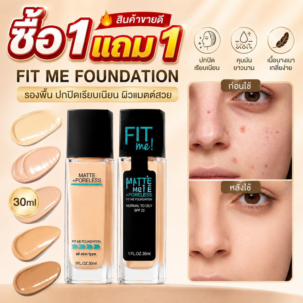 🔥ซื้อ 1 แถม 1🔥 FitMe Matte + Poreless รองพื้น 30ml เนื้อแมตต์ ปกปิดเนียน เบลอรูขุมขน สี Fair Porcelain ติดทนนาน